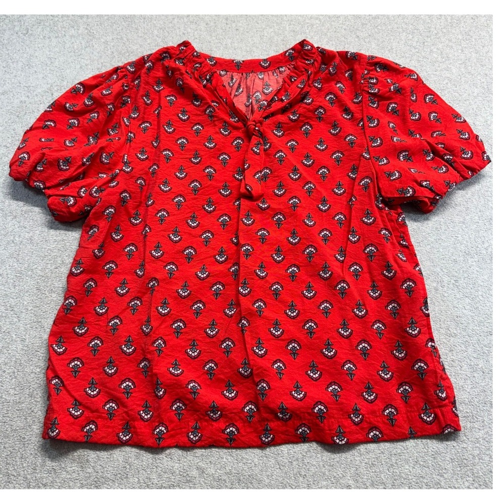 Ann Taylor Blouse Women MP Red Floral Tie Neck Short Puff Sleeve Top Office Boho